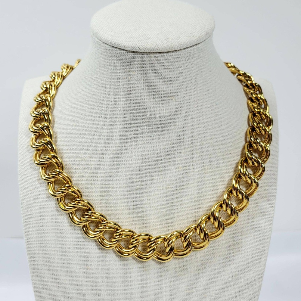 Vintage 90s Chunky Gold Tone Double Link Statement Necklace Bold Gold